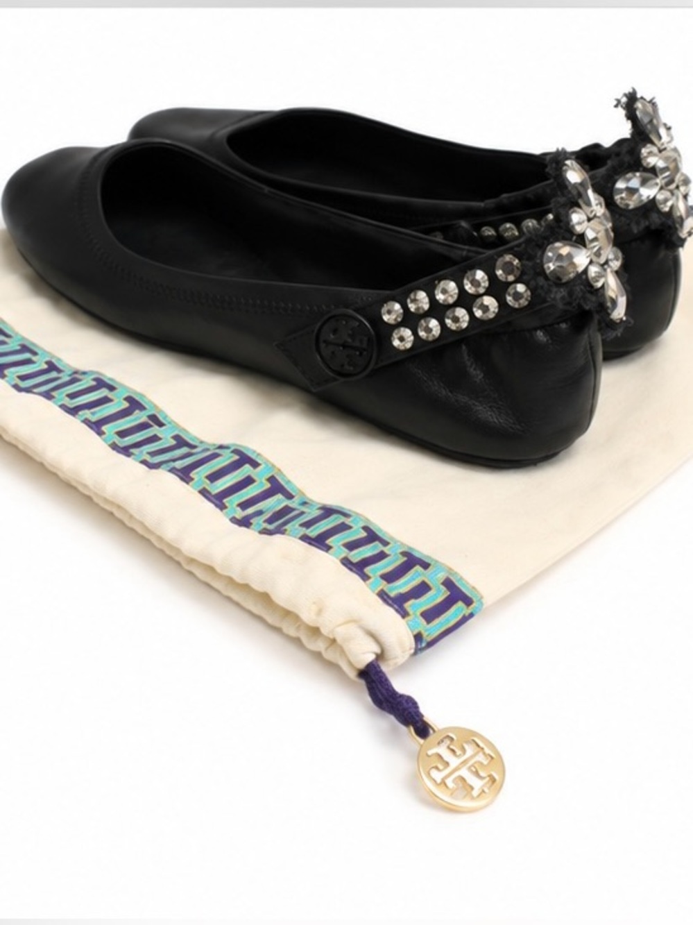 Tory Burch Minnie Embellished Convertible Strap Ballet Flats Black Size 7.5 🖤